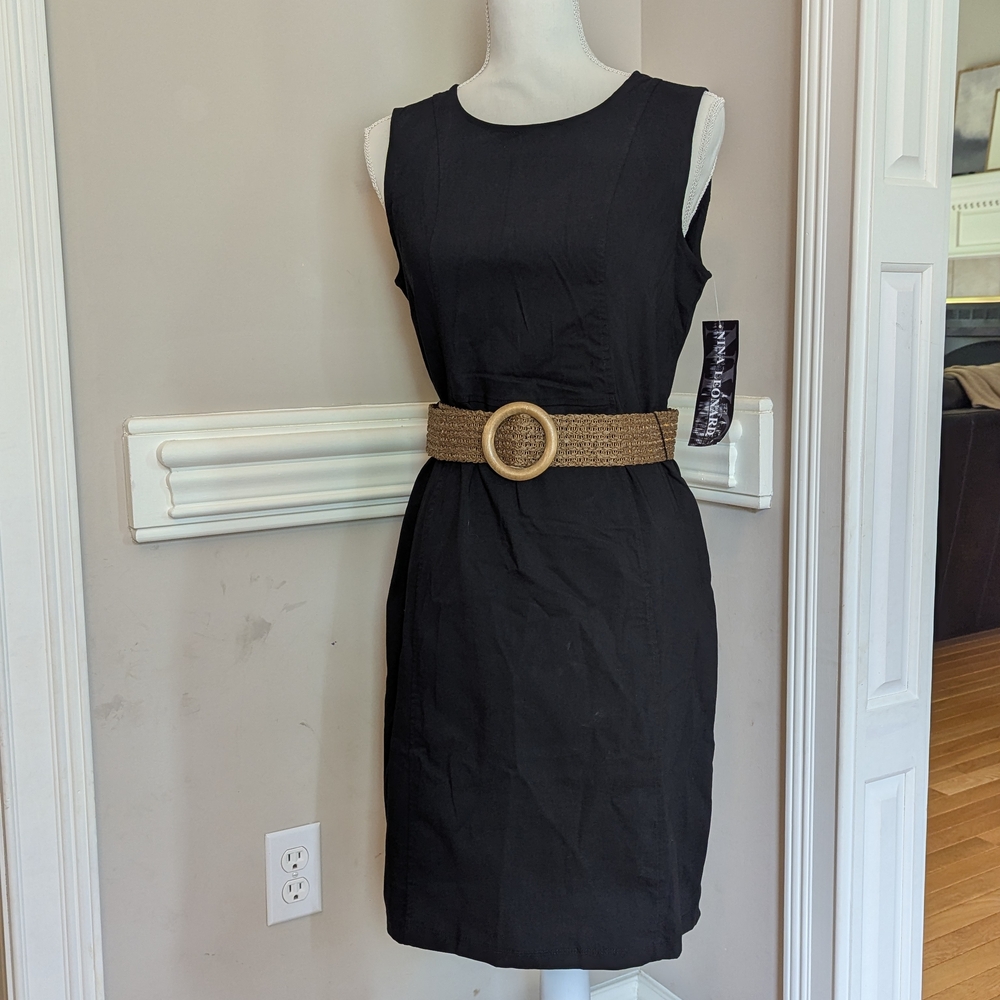 Nina Leonard Black Sheath Dress with Tan Accents